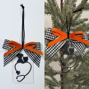 Heart Stethoscope Dog & Cat Car Charm Christmas Ornament with Orange & Black Bow